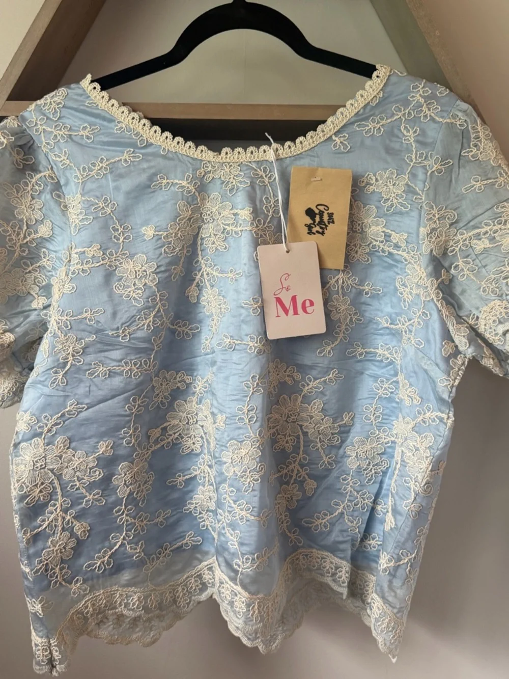 ME Makeover Essentials Sky Blue Lace-Trim Puff Sleeve Blouse - Picture 3 of 4